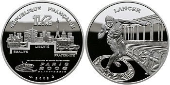 Франция 1 1/2 евро 2003 Чемпионат мира по лёгкой атлетике 2003 года в Сен-Дени, толкание ядра KM 1843 серебро PROOF 1095-3-24
