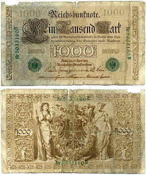 Германия 1000 Марок 1910 21 апреля 1910, Буква D, номер семизначный, серия B, ЗЕЛЁНАЯ ПЕЧАТЬ Pick 45b, Розенберг 46b бумага 00-00