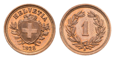 Швейцария 1 раппен 1928 B KM 3.2 бронза aUNC 46-535