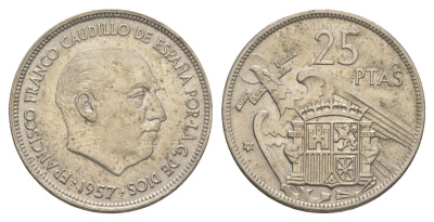 Испания 25 песет 1957 (70) Франсиско Франко (1939-1975) KM 787 медно-никель 4616-523