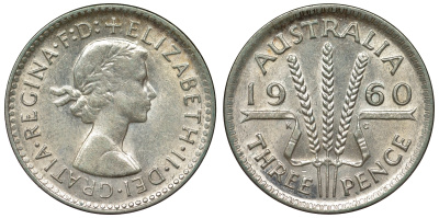 Австралия 3 пенса 1960 m, Елизавета II (1952-2022) KM 57 серебро 71-647