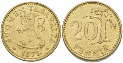 ФИНЛЯНДИЯ 20 ПЕННИ 1978 K KM 47 алюминиевая бронза 3718-636