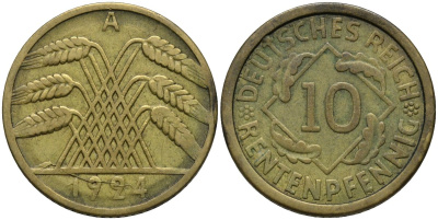 Германия 10 рентенпфеннигов 1924 A KM 33 алюминиевая бронза 4163-744