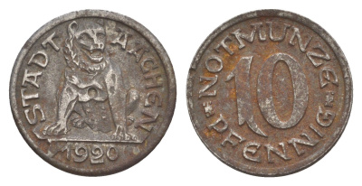 Аахен 10 пфеннигов 1920 Funck 1.1, Men05 70.1, Men18 99.1 железо 54-248