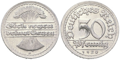 Германия 50 пфеннигов 1920 D KM 27 алюминий aUNC 31-222