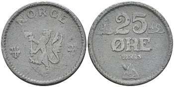 Норвегия 25 эре 1943 Хокон VII (1905-1957) KM 395 цинк 4580-1027