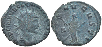 Римская Империя антониниан 270 КВИНТИЛЛ, IMP C M AVR CL QVINTILLVS AVG, бюст императора / PAX AVGVSTI, Пация, персонификация Безопасности, Рим RIC 26 биллон 1073-20-42