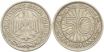 Германия 50 рейхспфеннигов 1928 A KM 49, J 324 никель 4532-617