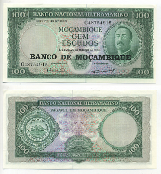 Мозамбик 100 эскудо 1961 (1976) надпечатка на 1961, Айрес де Орнелас  Pick 117 a бумага aUNC 6280-31-2