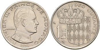 Монако 1 франк 1974 Ренье III (1949-2005) KM 140 никель 190-533