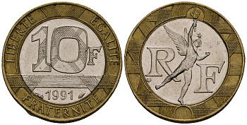 Франция 10 франков 1991 тип Гений Бастилии KM 964.1, Le Frank 375.6 биметалл 4138-333
