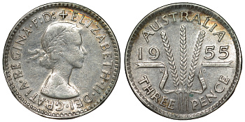 Австралия 3 пенса 1955 m, Елизавета II (1952-2022) KM 57 серебро 71-432