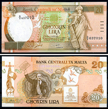 Мальта 20 лир L. 1967 (1994) Джорджио Борг Оливье демонстрирует Декларацию независимости Pick 48 a  бумага  UNC (пресс) 451-1243-1