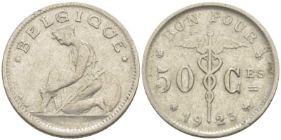 БЕЛЬГИЯ 50 САНТИМОВ 1923 BELGIQUE, АЛЬБЕРТ I (1909-1934) KM 87 никель 116-968