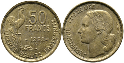 ФРАНЦИЯ 50 ФРАНКОВ 1952 В, ПЕТУХ KM 918.2 алюминиевая бронза 4523-356