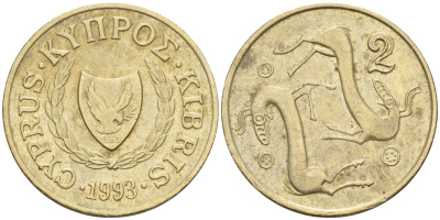 Кипр 2 цента 1993  KM 54.3 никель латунь    4115-415