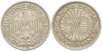 Германия 50 рейхспфеннигов 1928 A KM 49, J 324 никель 4532-617