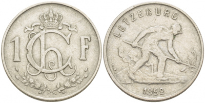 ЛЮКСЕМБУРГ 1 ФРАНК 1952 СТАЛЕВАР KM 46.2 медно-никель 77-835