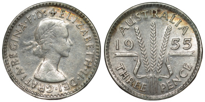 Австралия 3 пенса 1955 m, Елизавета II (1952-2022) KM 57 серебро 71-432