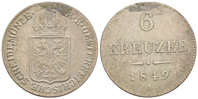 Австрия 6 крейцеров 1849 A, Франц Иосиф I (1848-1916), с подвески KM 2200 серебро    60-1111