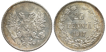 Россия для Финляндии 25 пенни 1917 S, временное правительство, без короны KM 19, Биткин 2 серебро 75-1533