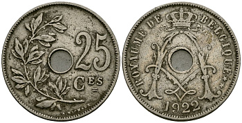 Бельгия 25 сантимов 1922 Belgique KM 68 медно-никель 4165-434