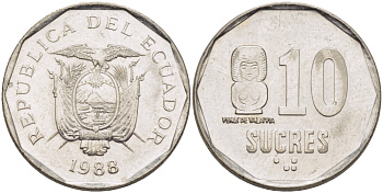 ЭКВАДОР 10 СУКРЕ 1988 VENUS DE VALDIVIA KM 92.1 сталь плакированная никелем 31-432