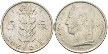 БЕЛЬГИЯ 5 ФРАНКОВ 1977 BELGIE, БОДУЭН I (1951-1993) KM 135.1 медно-никель 119-841