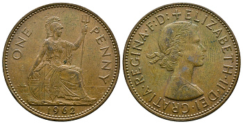 Великобритания 1 пенни 1962 Елизавета II (1952-2022) KM 897, Spink 4157 бронза 89-824