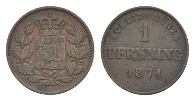 Бавария 1 пфенниг 1871 Людвиг II (1864-1886) KM 856 медь 4649-469