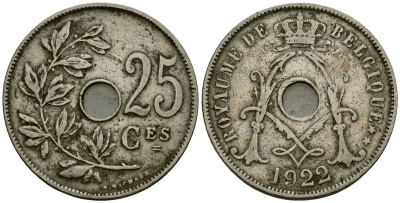 Бельгия 25 сантимов 1922 Belgique KM 68 медно-никель 4165-434