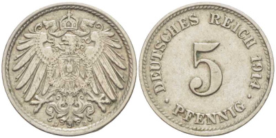 ГЕРМАНИЯ 5 ПФЕННИГОВ 1914 D KM 11, J. 12 медно-никель 105-211