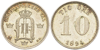 Швеция 10 эре 1894 ЕВ, Оскар II (1872-1907) король Швеции и Норвегии KM 755 серебро 188-1225