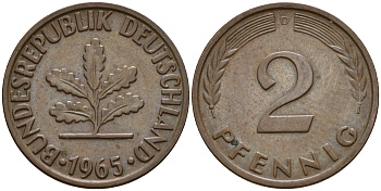 ФРГ 2 пфеннига 1965 D J.381  KM 106 бронза    4598-737