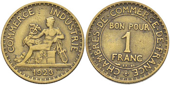 ФРАНЦИЯ 1 ФРАНК 1923 CHAMBRES DE COMMERCE KM 876, LE FRANC 218.5 алюминиевая бронза 202-131