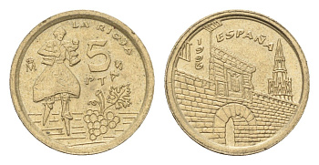 Испания 5 песет 1996 Хуан Карлос I (1975-2014), Риоха (La Rioja) KM 960 алюминиевая бронза 116-357