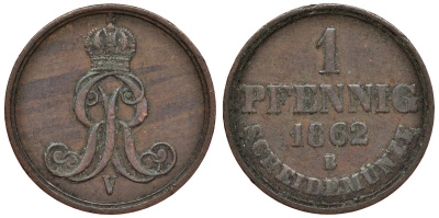 Ганновер 1 пфенниг 1862 B, Георг V KM 233, AKS 156, J. 90 медь 4594-539
