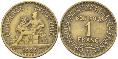 ФРАНЦИЯ 1 ФРАНК 1923 CHAMBRES DE COMMERCE KM 876, LE FRANC 218.5 алюминиевая бронза 202-131