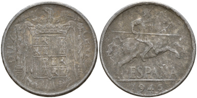 Испания 10 сентимо 1945 рыцарь на коне KM 766 алюминий    4601-951