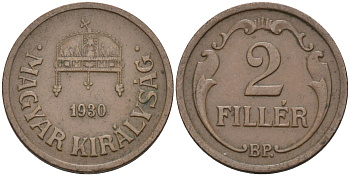 Венгрия 2 филлера 1930 ВР KM 506 бронза 4594-337