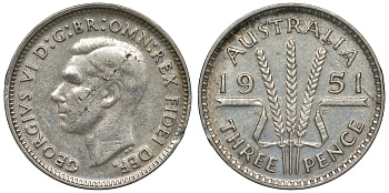 Австралия 3 пенса 1951 m, Георг VI (1937-1952), без букв KM 44 серебро 71-352