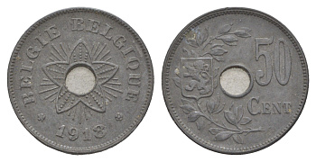 Бельгия 50 сантимов 1918 германская оккупация Первая мировая война, Альберт I (1909-1934) KM 83 цинк 4156-1027