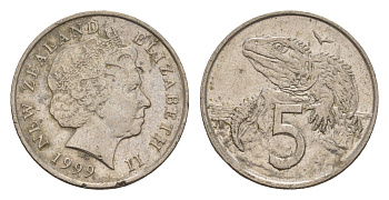 Новая Зеландия 5 центов 1999 Елизавета II (1952-2022), ящерица гаттерия KM 116 медно-никель 4655-1161