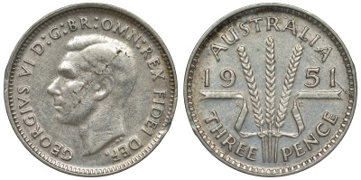 Австралия 3 пенса 1951 m, Георг VI (1937-1952), без букв KM 44 серебро 71-352