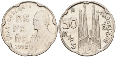 Испания 50 песет 1992 Олимпиада в Барселоне 92, собор Гауди KM 907 медно-никель 4582-645