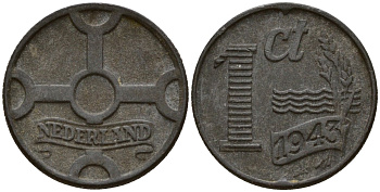 Нидерланды 1 цент 1943 Вильгельмина I (1890-1948), германская оккупация, вторая мировая война KM 170 цинк 4154-925