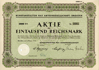 Германия 1000 рейхсмарок 1942 Kunstanstalten May AG (КАМАГ) - художественное издательство, акция   бумага   8801-86-1