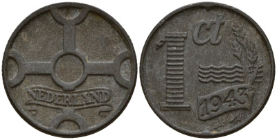 Нидерланды 1 цент 1943 Вильгельмина I (1890-1948), германская оккупация, вторая мировая война KM 170 цинк 4154-925