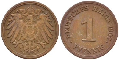 ГЕРМАНИЯ 1 ПФЕННИГ 1907 D KM 10, J. 10, Weege 2 медь 211-359