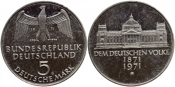 ФРГ 5 марок 1971 G, 100 лет основания Германской Империи KM 128.1, J. 409 серебро PROOF 1520-1315